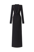 Black long-sleeve beaded front-slit gown by L'Scarlett, featuring intricate beadwork and a stylish back design.