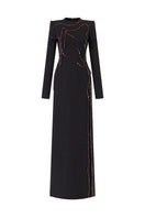 Black long-sleeve beaded front-slit gown by L'SCARLETT, featuring a stylish heart detail and elegant design.