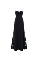 Black L'SCARLETT gown with shoulder straps, elegant full-length dress suitable for formal occasions.