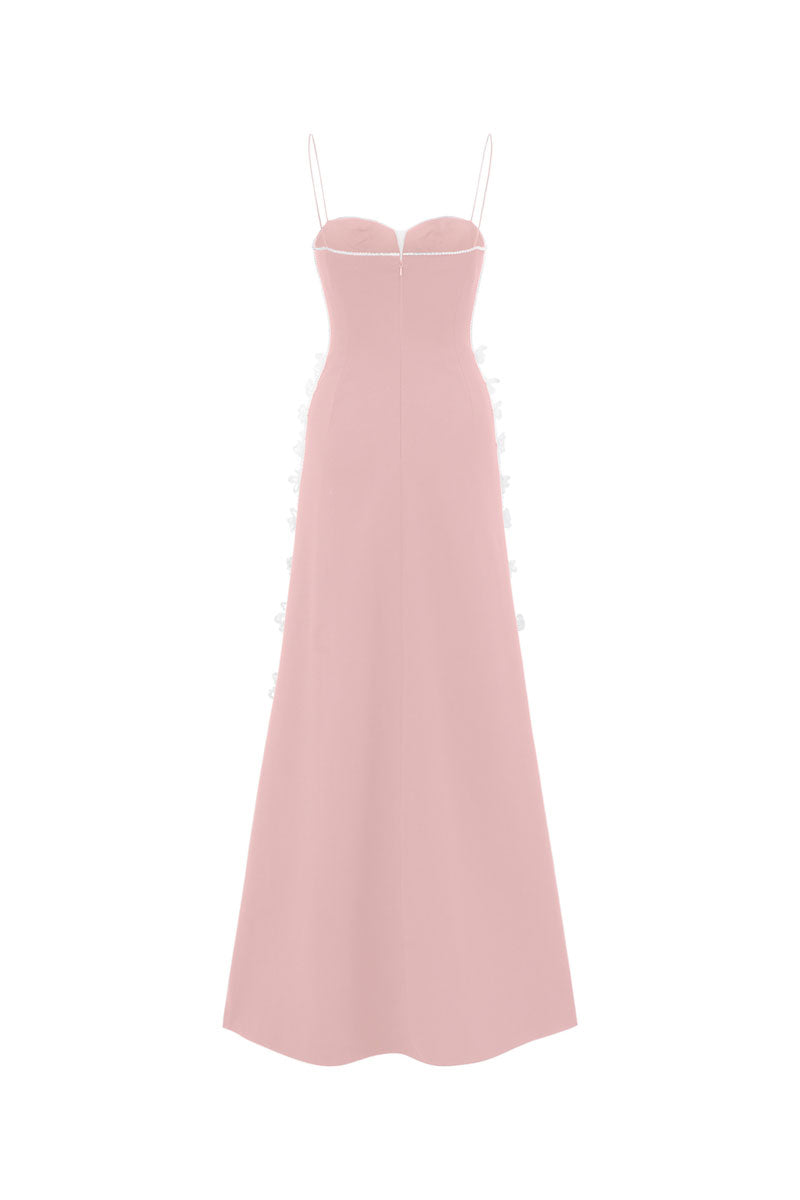 Pink L'SCARLETT gown with shoulder straps, elegant floor-length dress for formal occasions.