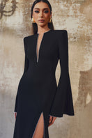 L'SCARLETT long-sleeve mermaid gown with fitted bodice and flared skirt, elegant evening dress in luxe fabric.