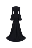 Black long-sleeve mermaid gown by L'Scarlett featuring fitted silhouette and elegant design, showcased on a dress form.