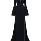 Black long-sleeve mermaid gown by L'SCARLETT featuring fitted bodice and flared skirt, elegant evening dress.