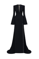 Black long-sleeve mermaid gown by L'SCARLETT featuring fitted bodice and flared skirt, elegant evening dress.