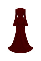 Red long-sleeve mermaid gown by L'SCARLETT featuring fitted bodice and flared skirt, perfect for formal occasions.