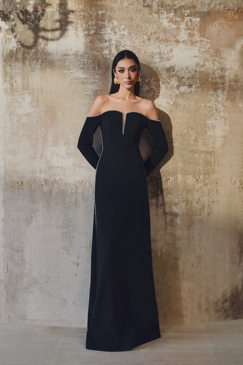 OFF-SHOULDER LONG-SLEEVE MAXI DRESS - Black / XXS OFF-SHOULDER LONG-SLEEVE MAXI DRESS - Black / XXS