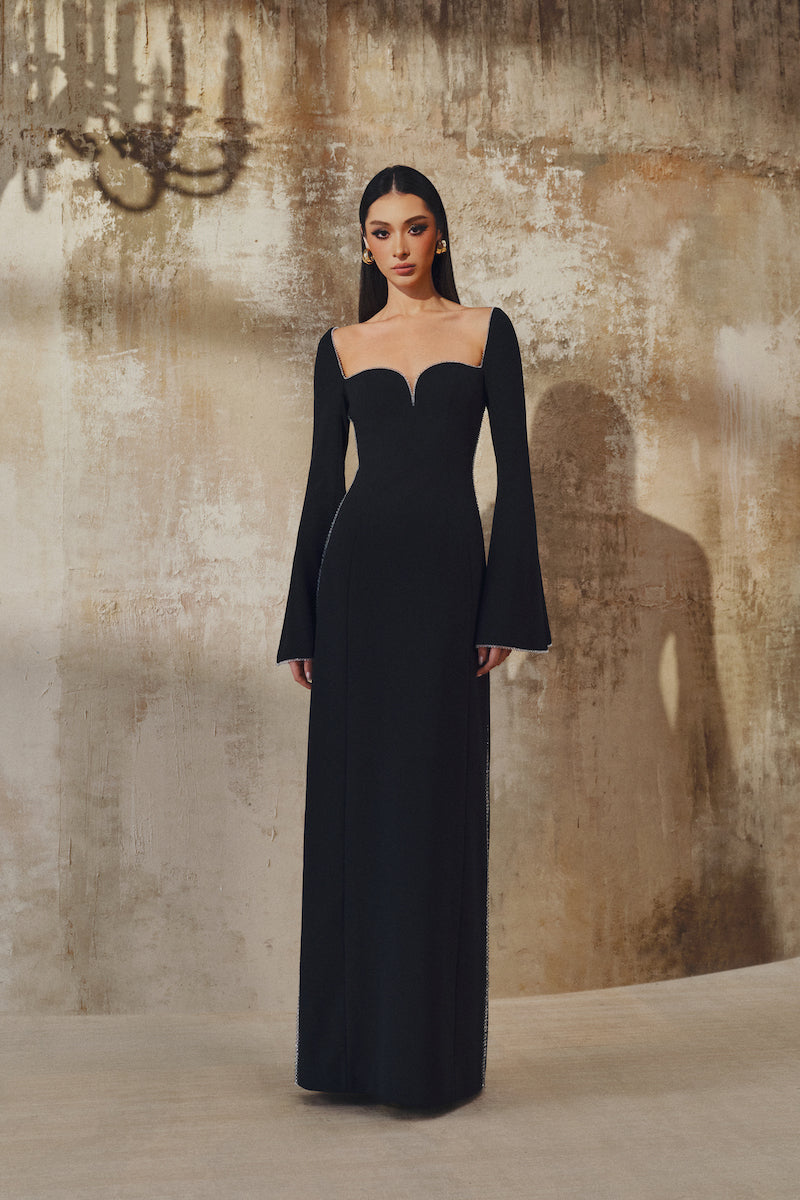 long sleeve flowing maxi dress BEIGE V-NECK LONG-SLEEVE MAXI DRESS | CULT MIA