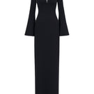 Black long-sleeve gown by L'Scarlett, featuring elegant fabric and a flowing design perfect for formal or evening wear.