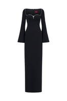 Black long-sleeve gown by L'Scarlett, featuring elegant fabric and a flowing design perfect for formal or evening wear.