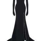 Black off-shoulder long-sleeve mermaid gown by L'SCARLETT, featuring fitted silhouette and elegant design.