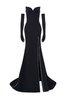 Black off-shoulder long-sleeve mermaid gown by L'SCARLETT, featuring fitted silhouette and elegant design.