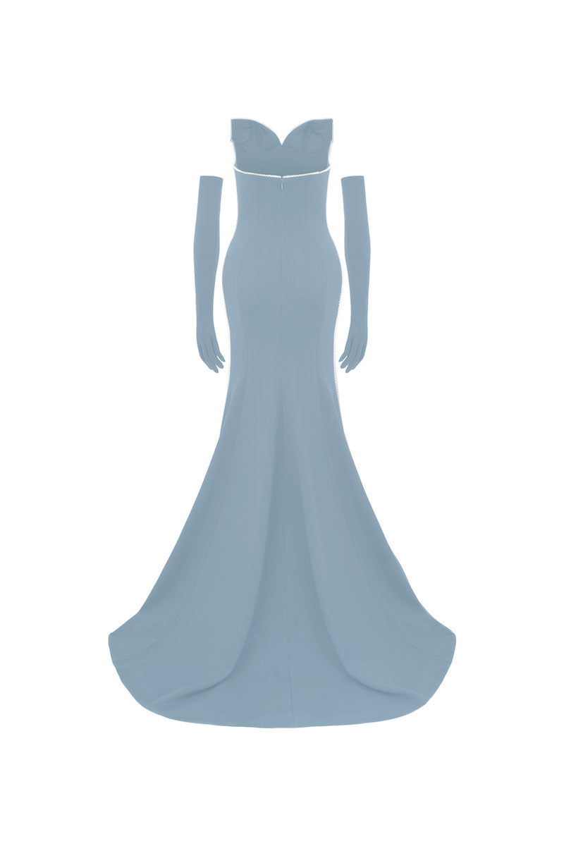 Blue off-shoulder long-sleeve mermaid gown by L'SCARLETT, fitted silhouette with elegant design and flowing fabric.