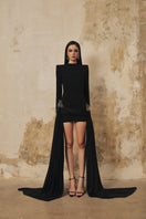 L'SCARLETT fitted high-neck long-sleeve mini dress with 3D crystal floral details, perfect for elegant evening wear.