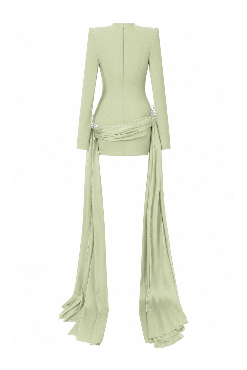 Light green fitted high-neck long-sleeve mini dress with 3D crystal floral details by L'SCARLETT, shown from the back.