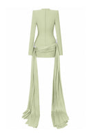 Green fitted high-neck long-sleeve mini dress with 3D crystal floral embellishments by L'SCARLETT, shown from the back.