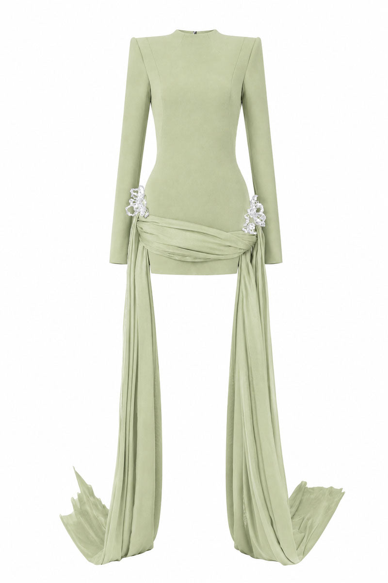 Light green fitted high-neck long-sleeve mini dress with 3D crystal floral details from L'SCARLETT, shown from the front.
