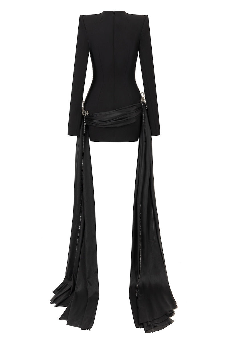 Black fitted high-neck long-sleeve mini dress with 3D crystal floral details from L'SCARLETT, shown from the back.