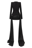Black fitted high-neck long-sleeve mini dress with 3D crystal floral embellishments by L'SCARLETT, shown from the back.