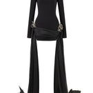 Black fitted high-neck long-sleeve mini dress with 3D crystal floral details from L'SCARLETT, shown from the front.