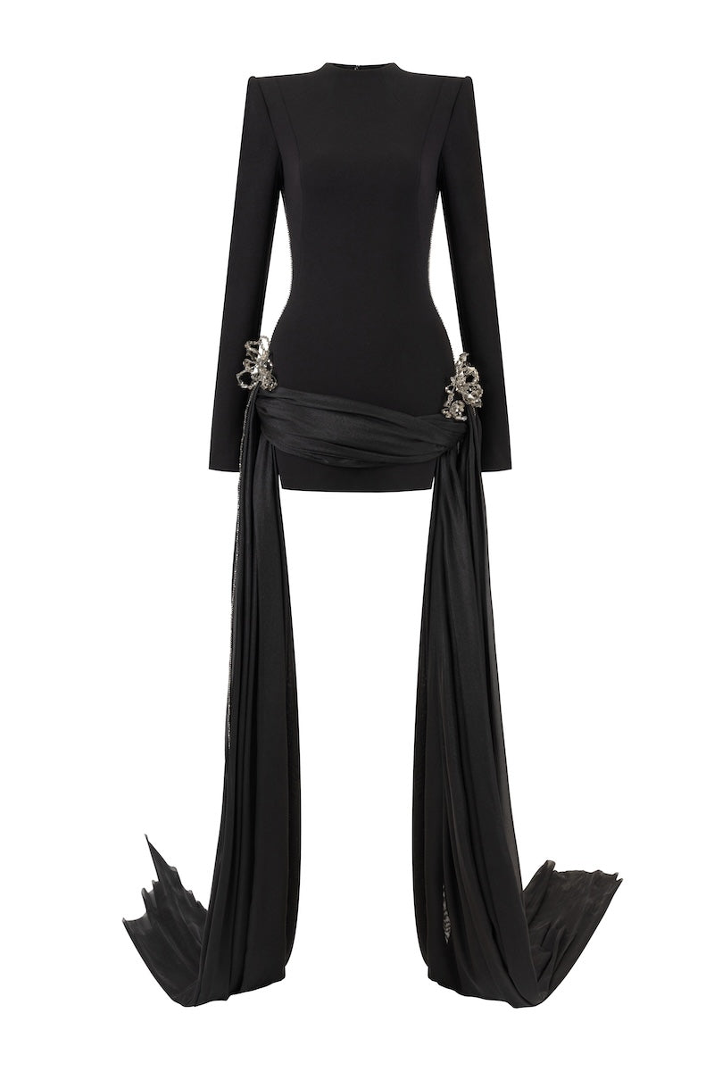 Black fitted high-neck long-sleeve mini dress with 3D crystal floral details by L'SCARLETT, shown from the front.