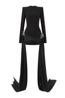 Black fitted high-neck long-sleeve mini dress with 3D crystal floral details from L'SCARLETT, shown from the front.