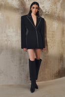 L'SCARLETT long sleeves mini blazer dress in black, tailored fit with lapel collar and button closure, stylish and chic.