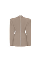 Beige long-sleeve mini blazer dress by L'SCARLETT, featuring a tailored fit and classic lapel collar, perfect for stylish occasions.