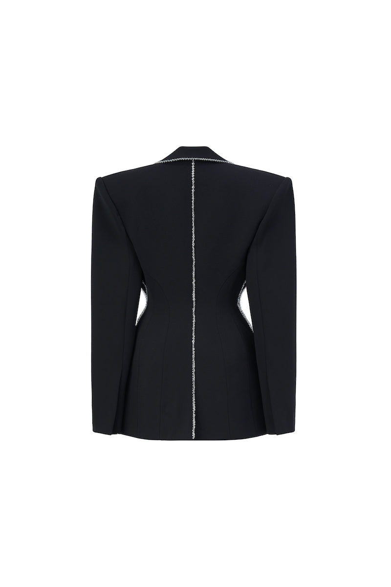 Black long-sleeves mini blazer dress by L'SCARLETT, fitted silhouette with collar and button-front details, stylish and versatile.