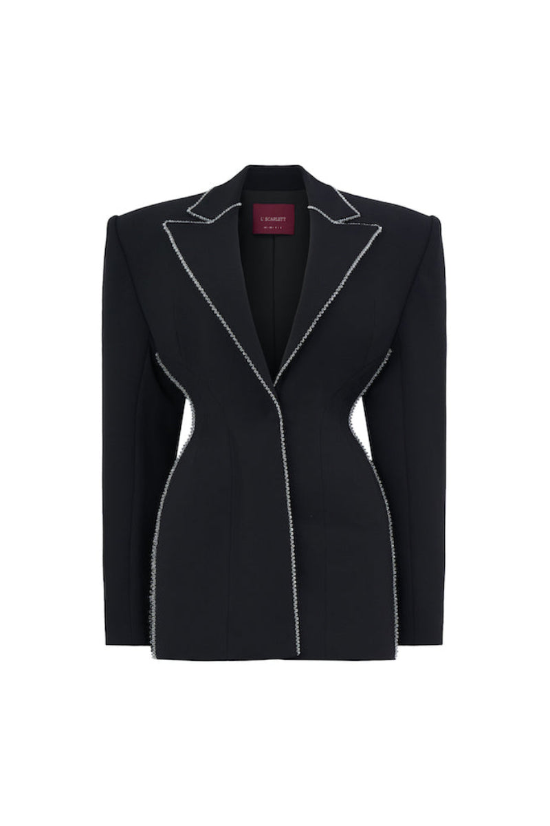 Black long-sleeves mini blazer dress by L'SCARLETT, featuring a tailored fit and stylish lapel collar.