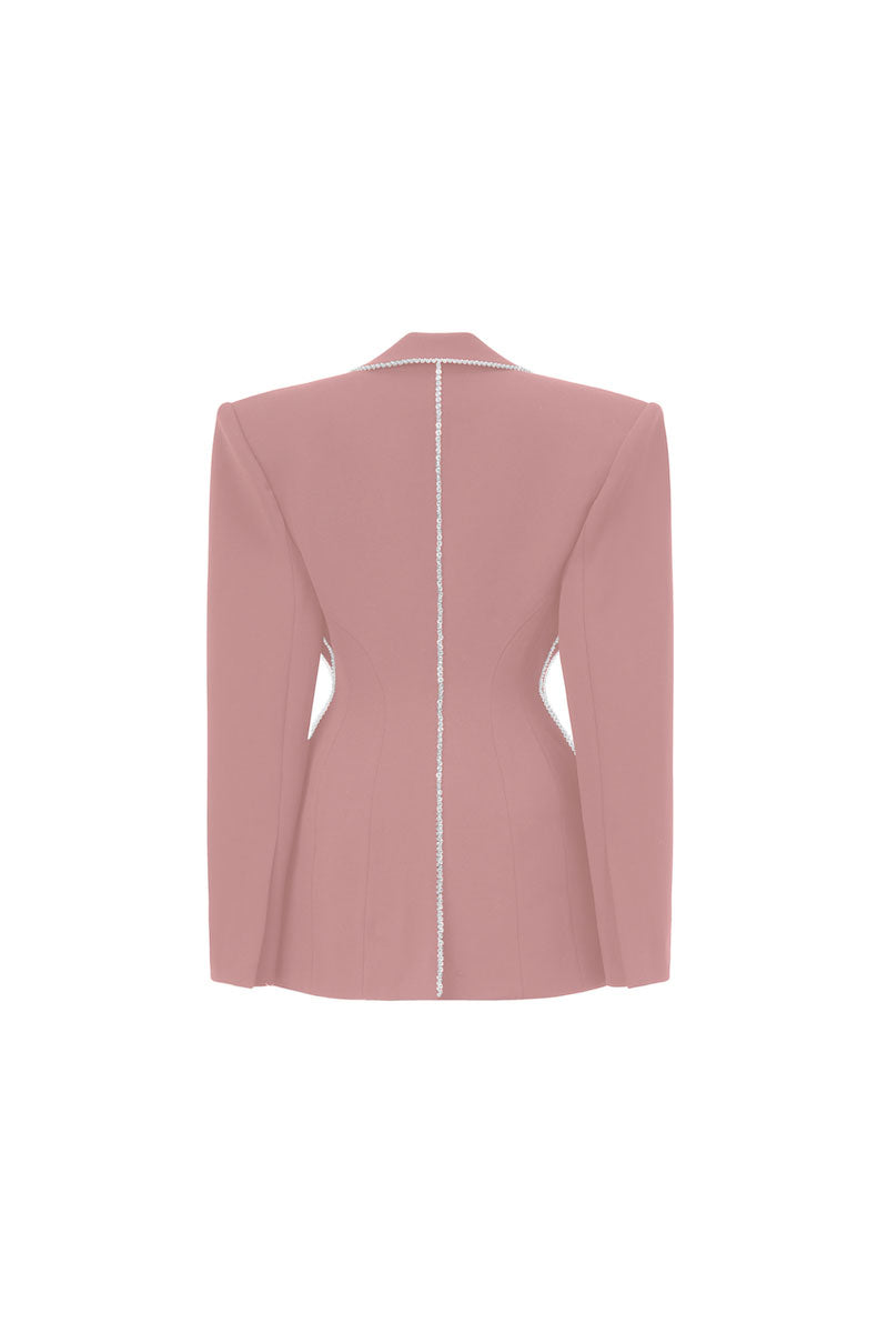 Pink long-sleeves mini blazer dress by L'SCARLETT, featuring a tailored fit and classic lapel design.