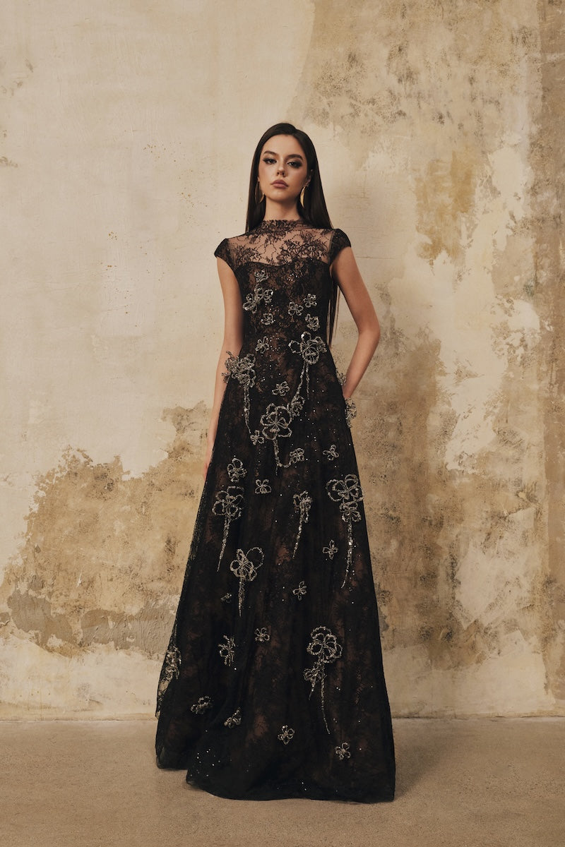 Black L'SCARLETT A-line high-neck short-sleeve maxi dress with 3D crystal floral embellishments, elegant and stylish.