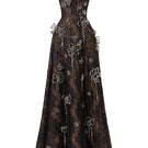 Black A-line high-neck short-sleeve gown with 3D crystal floral details by L'SCARLETT, shown from the front.