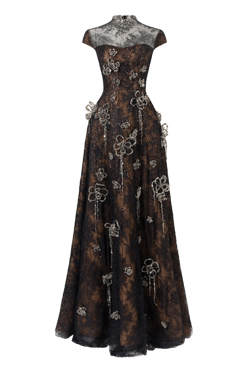 Black L'SCARLETT A-line high-neck short-sleeve maxi dress with 3D crystal floral details, front view.