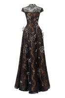 Black A-line high-neck short-sleeve gown with 3D crystal floral details by L'SCARLETT, shown from the front.