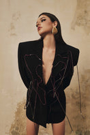 L'SCARLETT long-sleeve mini blazer dress with heart beading, featuring a fitted silhouette and stylish design.