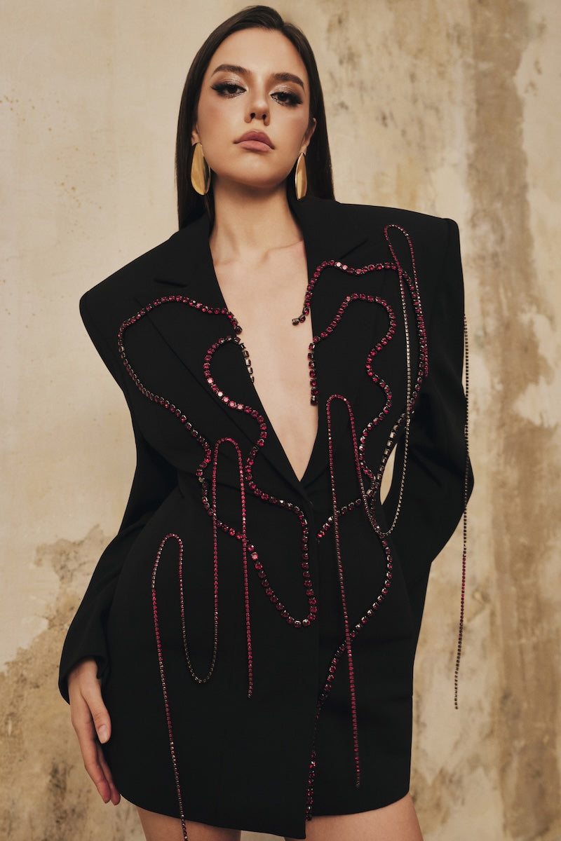 LONG-SLEEVE HEART BEADING MINI BLAZER DRESS