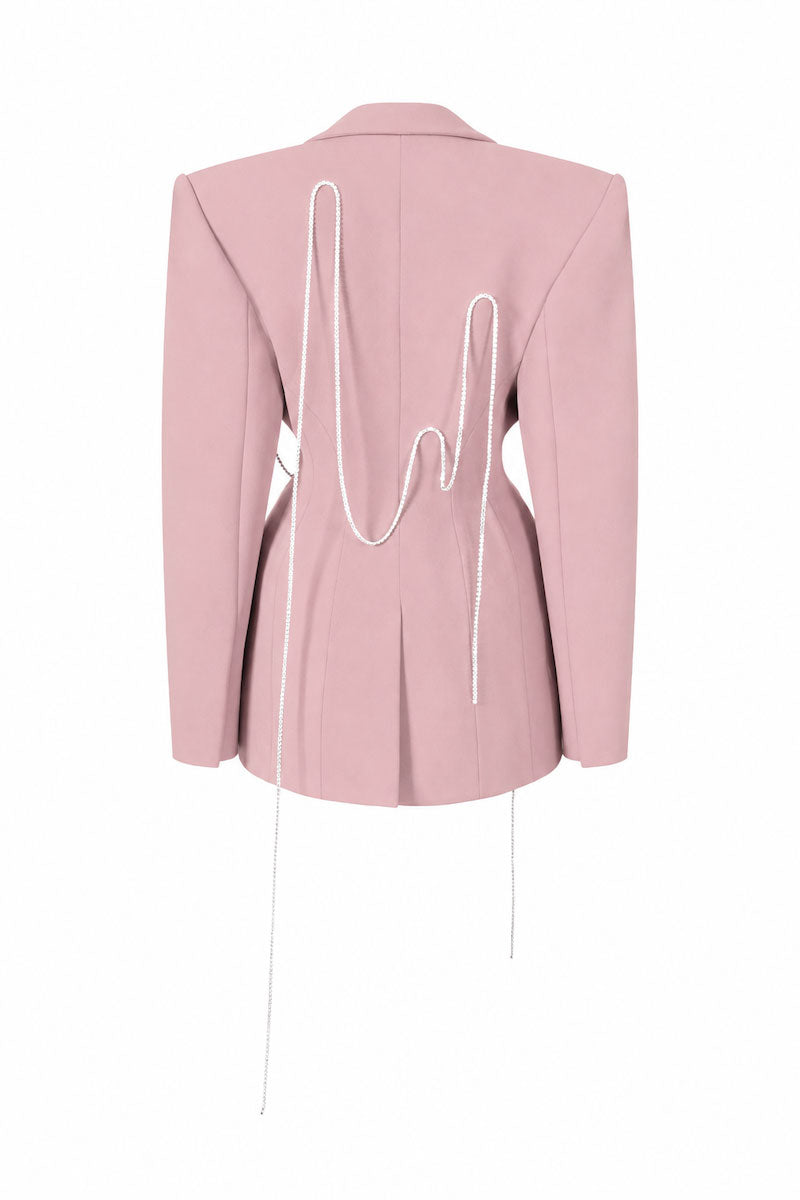 Light pink long-sleeve mini blazer dress with heart beading details, showcased from the back by L'SCARLETT.