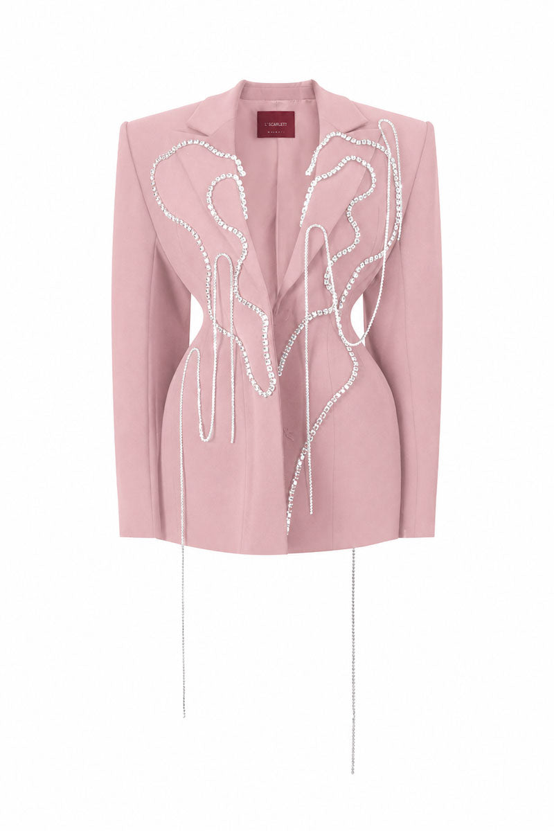 Light pink long-sleeve mini blazer dress with heart beading detail from L'SCARLETT, front view.