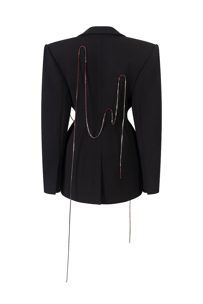 Black long-sleeve heart-beading mini blazer dress by L'SCARLETT, shown from the back with tailored fit and decorative beaded details.