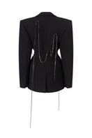 Black long-sleeve beaded mini blazer dress by L'SCARLETT, featuring a fitted silhouette and decorative heart beading detail.