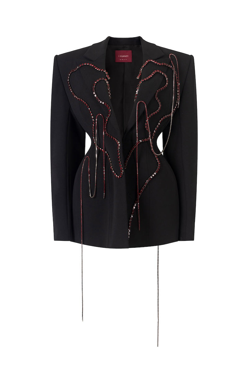 Black long-sleeve mini blazer dress with heart beading detail, stylish L'SCARLETT mini dress shown from the front.