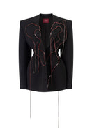 Black long-sleeve mini blazer dress with heart beading detail from L'SCARLETT, shown from the front.