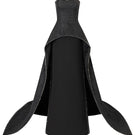Black strapless floor-sweeping mullet overskirt gown by L'SCARLETT, front view showcasing elegant design and flowing silhouette.