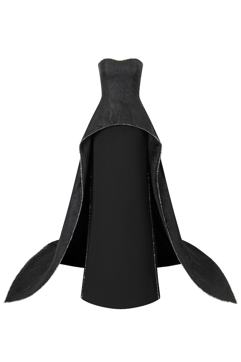 Black strapless floor-sweeping maxi dress by L'SCARLETT featuring a stylish mullet overskirt, front view.