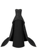 Black strapless floor-sweeping mullet overskirt gown by L'SCARLETT, front view showcasing elegant design and flowing silhouette.
