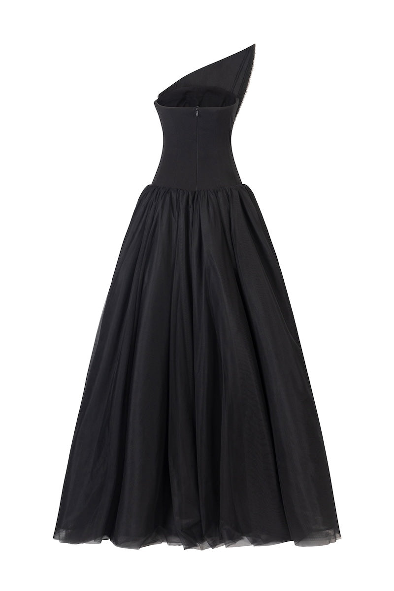 Black L'SCARLETT flared pointed-bustline evening gown with front draped crystal beading, full-length maxi dress for formal occasions.
