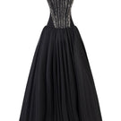 Black L'SCARLETT flared evening gown with pointed bustline and crystal beading, front view showing elegant design.