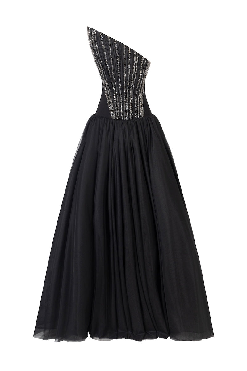 Black L'SCARLETT flared evening gown with pointed bustline, front draping, and crystal beading, perfect for formal occasions.