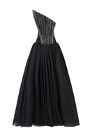 Black L'SCARLETT flared evening gown with pointed bustline and crystal beading, front view showing elegant design.