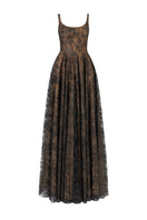 Black flared gown with wide shoulder straps and crystal beading by L'SCARLETT, shown from the front.